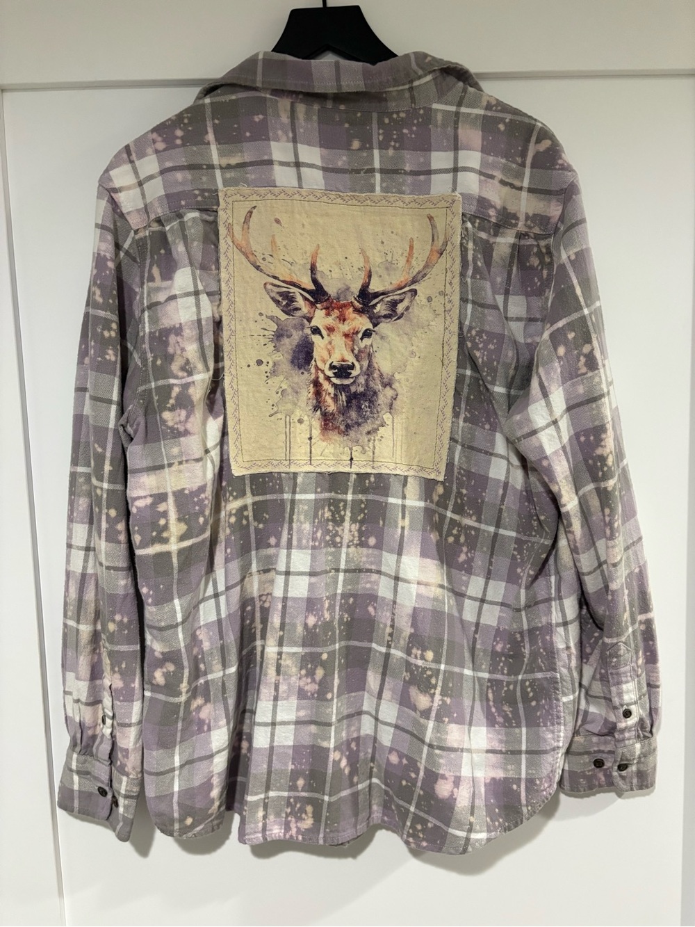Angry Minnow Women’s Plaid Flannel Shirt  with Deer Patch - Lavender Gray